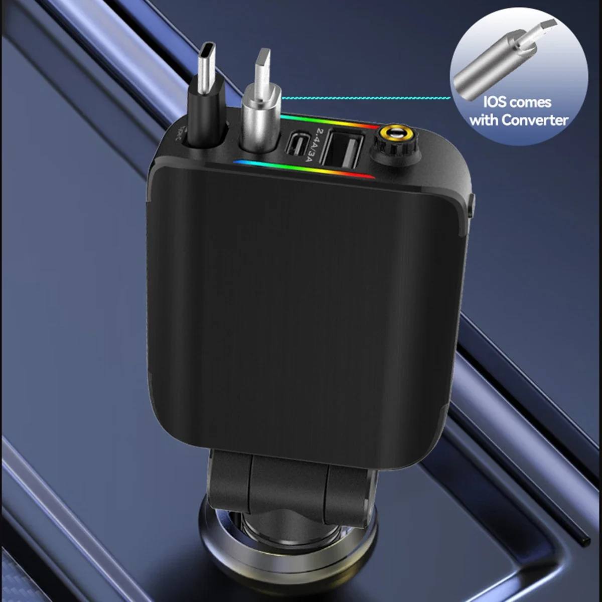 4-in-1 Car Charger Fast Charging 120W USB Type-C Retractable Cable 180 ° Rotating with LED Ambient Light
4-in-1 Car Charger Fast Charging 120W USB Type-C Retractable Cable 180 ° Rotating with LED Ambient Light