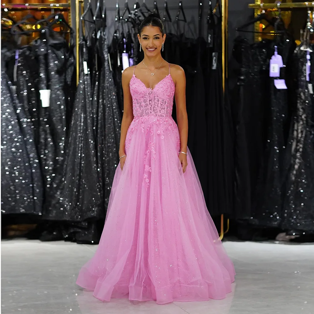Spaghetti Straps Tulle Shiny Formal Prom Party Dress A-line Backless Court V-neck Women Prom Gown with Lace vestidos de gala
Spaghetti Straps Tulle Shiny Formal Prom Party Dress A-line Backless Court V-neck Women Prom Gown with Lace vestidos de gala
