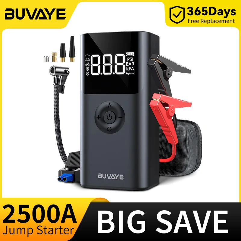 BUVAYE 4 In 1 2500A Portable Jump Starter Power Bank 150PSI Air Pump Booster Car Battery 12V Car Battery Starter Powerbank
BUVAYE 4 In 1 2500A Portable Jump Starter Power Bank 150PSI Air Pump Booster Car Battery 12V Car Battery Starter Powerbank