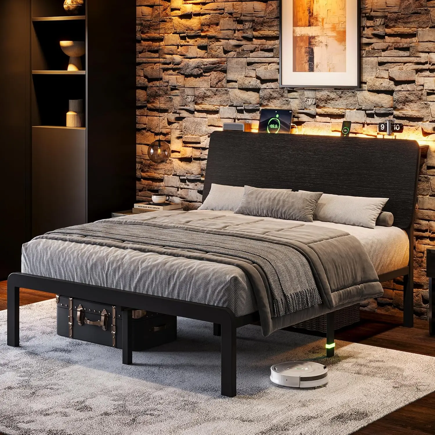 Full Bed Frame with Ergonomic Wooden Storage Headboard, LED Bed Frame with Charging Station, 12" UnderBed Storage,, Customized
Full Bed Frame with Ergonomic Wooden Storage Headboard, LED Bed Frame with Charging Station, 12" UnderBed Storage,, Customized