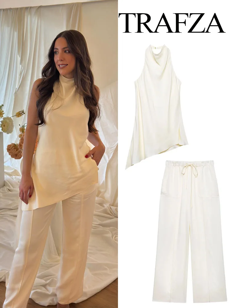 TRAFZA Summer Fashion Women Suits Beige Sleeveless Backless Decoration Tops+High Waist Drawstring Long Pants Female Casual Sets
TRAFZA Summer Fashion Women Suits Beige Sleeveless Backless Decoration Tops+High Waist Drawstring Long Pants Female Casual Sets