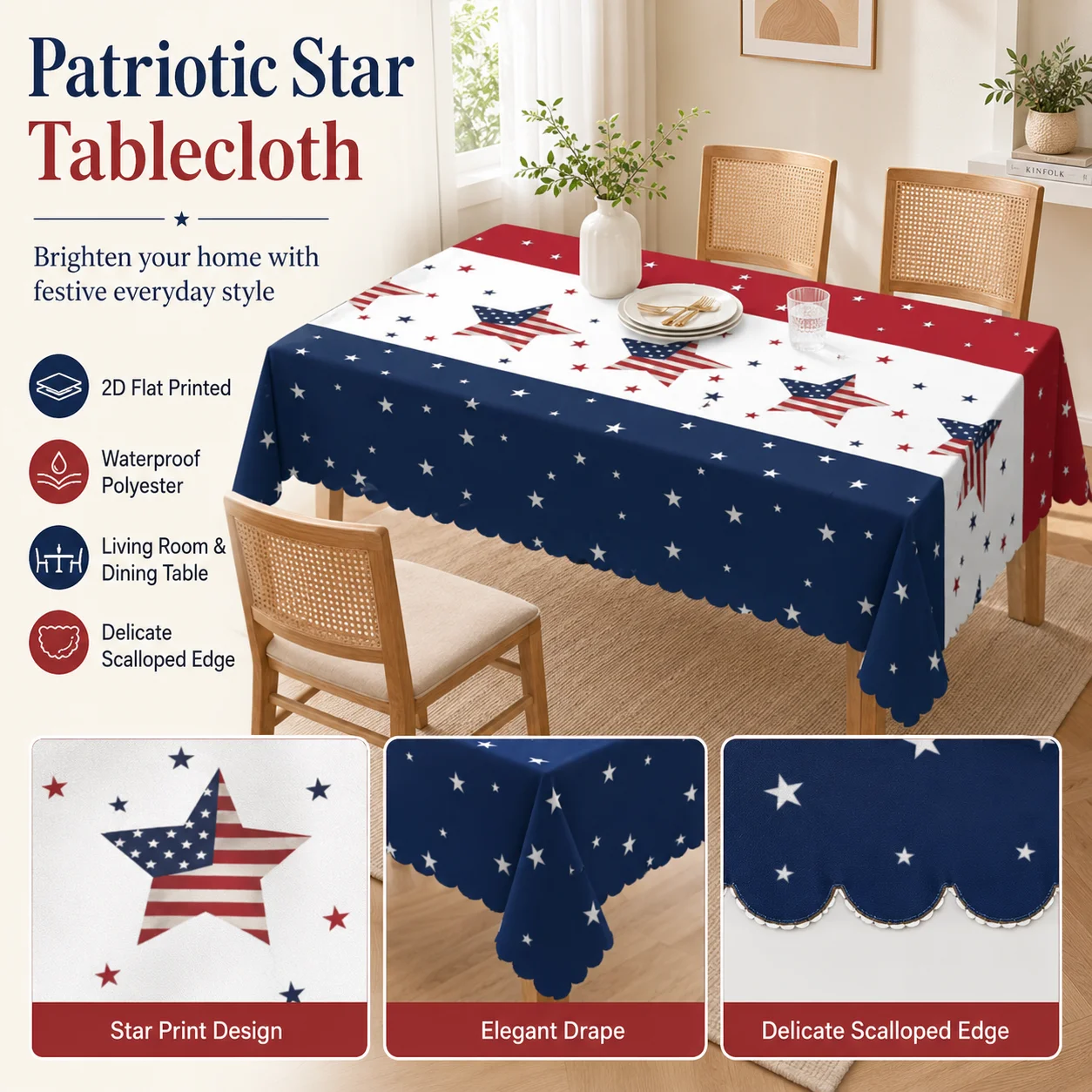Patriotic USA 250th Anniversary Waterproof Polyester Tablecloth 2D Flat Printed Scalloped Table Cover For 4th Of July Party
Patriotic USA 250th Anniversary Waterproof Polyester Tablecloth 2D Flat Printed Scalloped Table Cover For 4th Of July Party