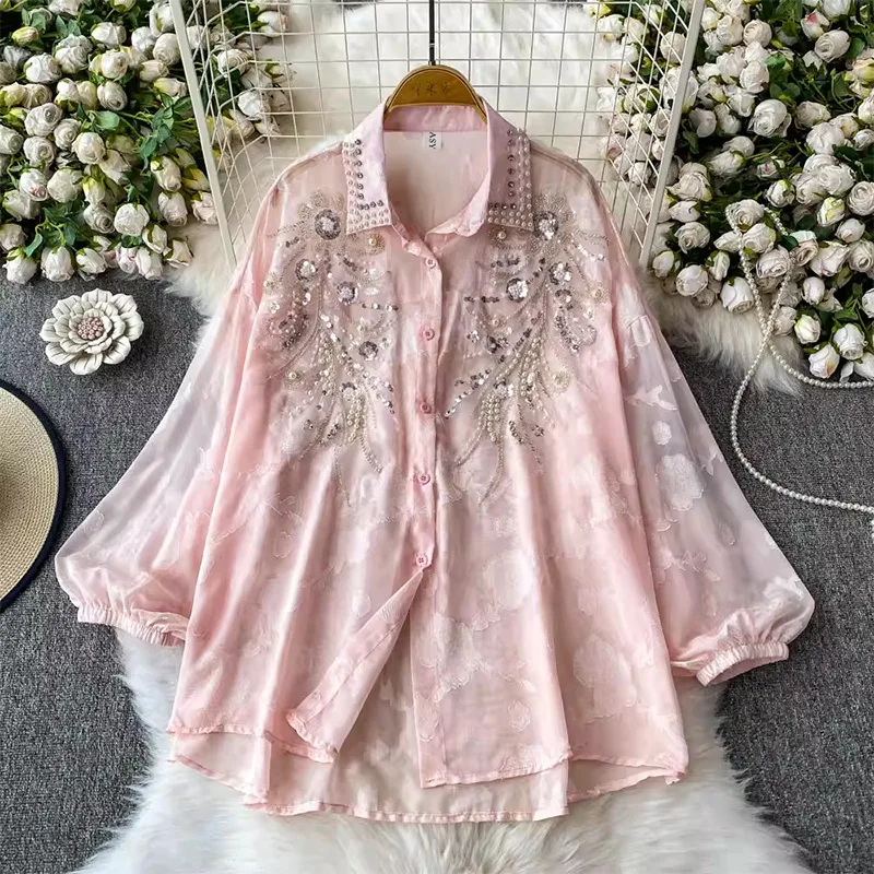 Blouses Women Shirt Vintage Elegant Floral Beaded Pearls Turn Down Collar Lantern Sleeve Tops Sequins Splice Shirts 2026 Spring
Blouses Women Shirt Vintage Elegant Floral Beaded Pearls Turn Down Collar Lantern Sleeve Tops Sequins Splice Shirts 2026 Spring