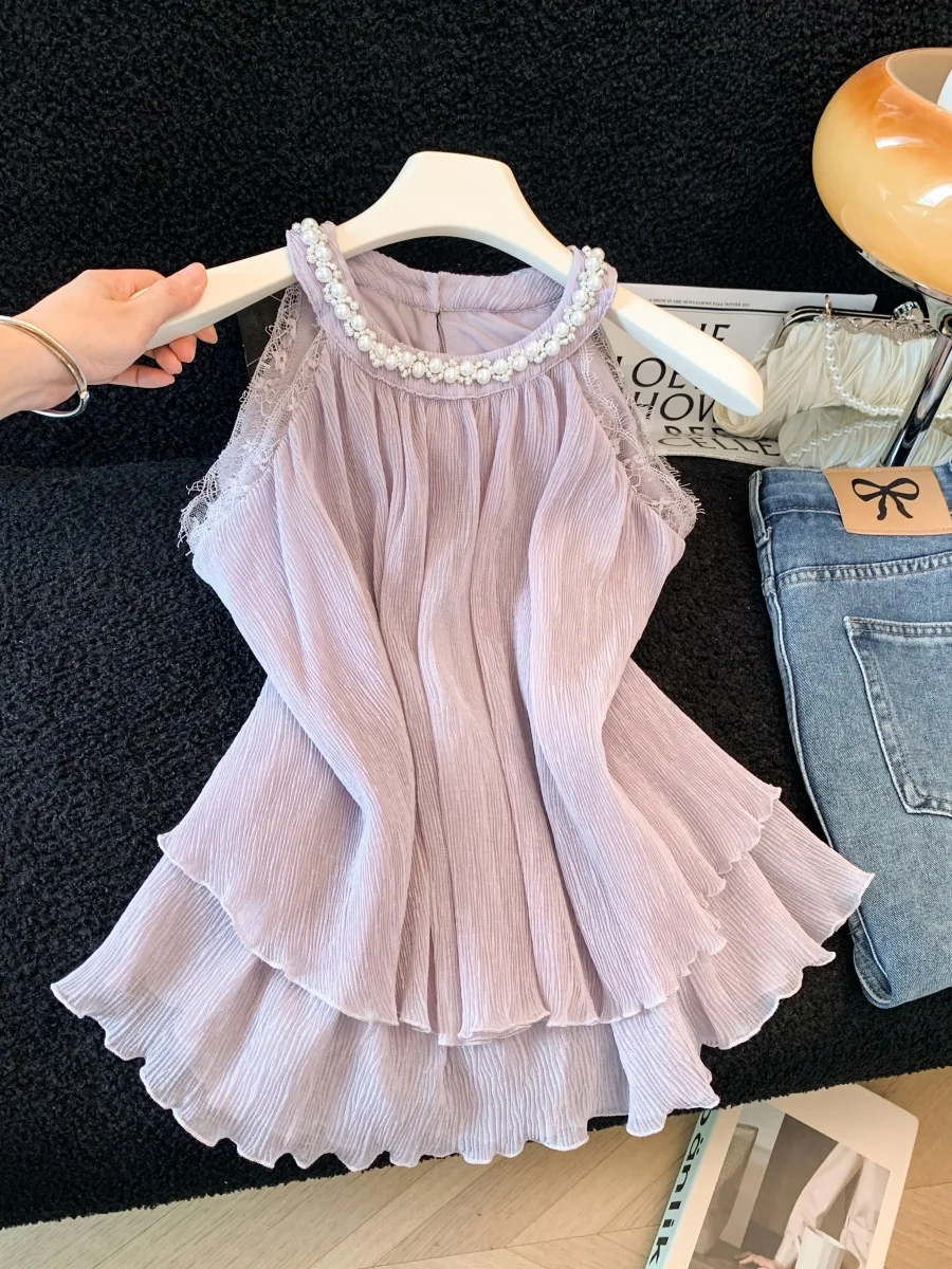 Sweet Summer Pearl Neck Hanging Chiffon Vest Women's Outerwear Slimming Sleeveless Top French Style Loose Fit Daily Wear
Sweet Summer Pearl Neck Hanging Chiffon Vest Women's Outerwear Slimming Sleeveless Top French Style Loose Fit Daily Wear