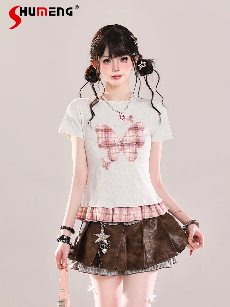 American Street Fashion Retro Hot Girl Crop Tops Bow Embroidery Plaid Splicing Crew Neck Short Sleeve Slim T-Shirts Tees Women
American Street Fashion Retro Hot Girl Crop Tops Bow Embroidery Plaid Splicing Crew Neck Short Sleeve Slim T-Shirts Tees Women