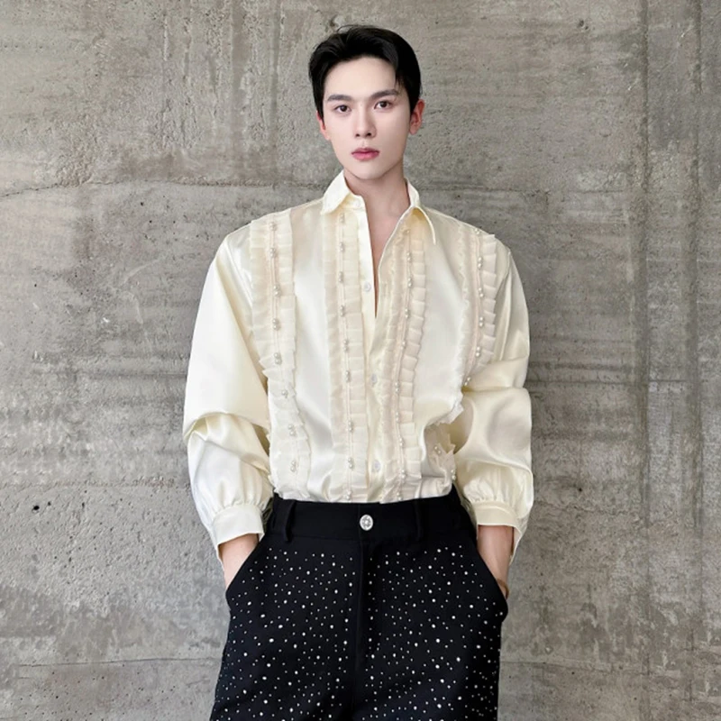 Niche Design Men's Shirts Pearl Lacework Decoration Turn-dowm Collar Single Breasted Long Sleeved Male Tops Trendy 9X621
Niche Design Men's Shirts Pearl Lacework Decoration Turn-dowm Collar Single Breasted Long Sleeved Male Tops Trendy 9X621