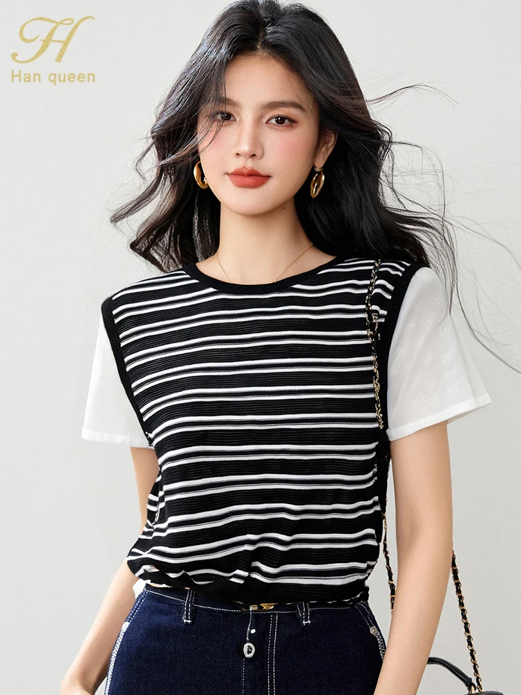 H Han Queen Striped Patchwork Elegant Korean Reviews Many Clothes Women's Simple Loose Office Sweater Short Sleeve Tops Summer
H Han Queen Striped Patchwork Elegant Korean Reviews Many Clothes Women's Simple Loose Office Sweater Short Sleeve Tops Summer