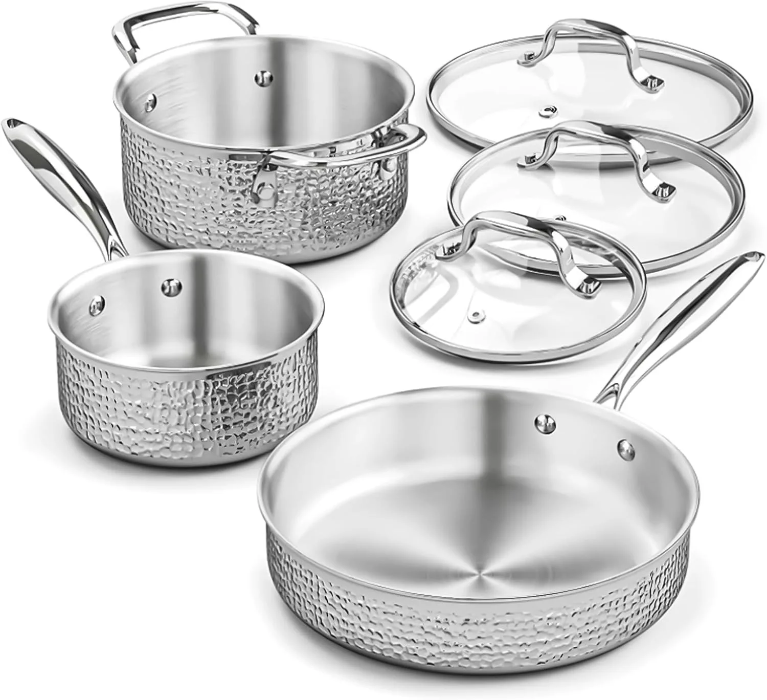 Stainless Steel Hammered Pots and Pans Set with Glass Lid, 6pcs Cookware Set, Kitchen Induction Cooking Pot and Pan Set
Stainless Steel Hammered Pots and Pans Set with Glass Lid, 6pcs Cookware Set, Kitchen Induction Cooking Pot and Pan Set