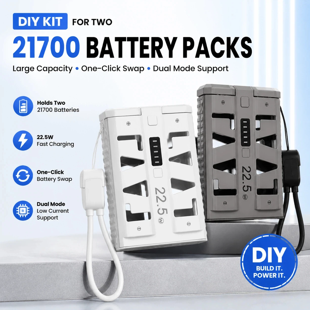 DIY Kit for 2x 21700 Battery Case One-Click Battery Swap 22.5W Fast Charging Dual Mode Support for Low Current
DIY Kit for 2x 21700 Battery Case One-Click Battery Swap 22.5W Fast Charging Dual Mode Support for Low Current