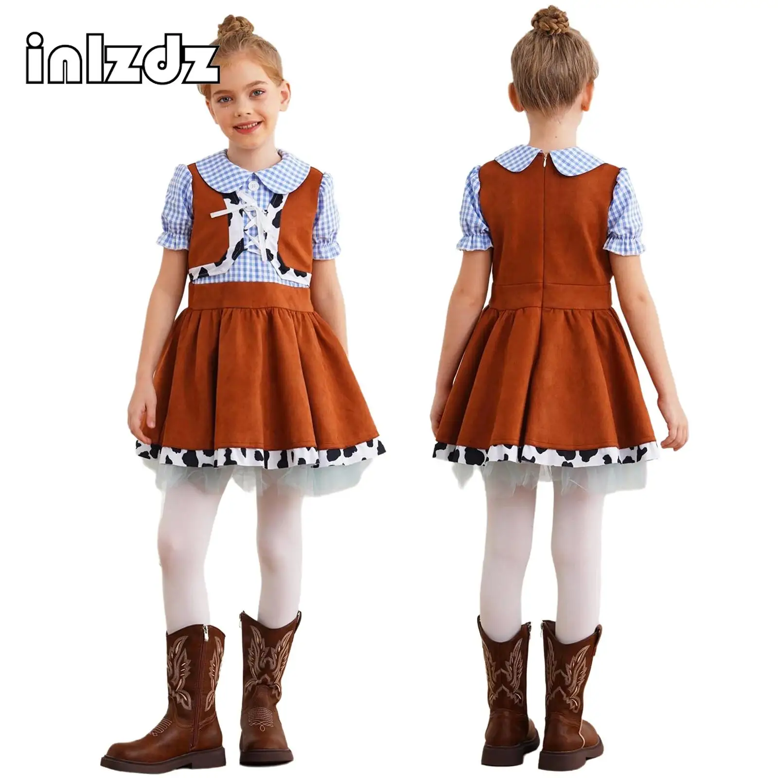 Girls Western Cowboy Cowgirl Cosplay Costume Puff Sleeve Cow Print Ginghams A-line Dress Halloween Carnival Dress Up Costume
Girls Western Cowboy Cowgirl Cosplay Costume Puff Sleeve Cow Print Ginghams A-line Dress Halloween Carnival Dress Up Costume