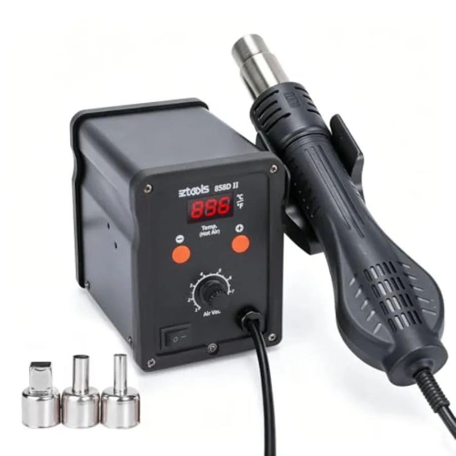 858D II Entry-Level Hot Air Rework Station Iron Kit with 3 Hot Air Nozzles 5/8/10mm,PID Temp Control, Adjustable Temp 212℉~896°
858D II Entry-Level Hot Air Rework Station Iron Kit with 3 Hot Air Nozzles 5/8/10mm,PID Temp Control, Adjustable Temp 212℉~896°