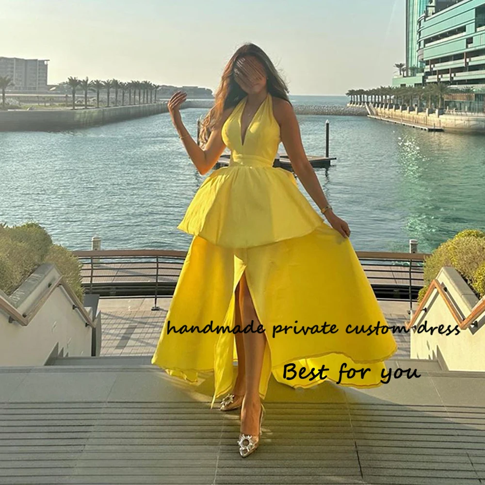 Yellow Satin Halter A Line Formal Evening Dresses for Women Floor Length Arabian Dubai Prom Party Dress Backless
Yellow Satin Halter A Line Formal Evening Dresses for Women Floor Length Arabian Dubai Prom Party Dress Backless