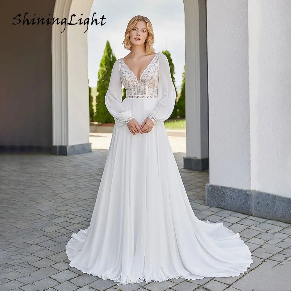 ShiningLight Boho Chiffon Long Sleeves Wedding Dress V Neck Backless Elegant A-Line Lace Bridal Gowns for Women Customized 
ShiningLight Boho Chiffon Long Sleeves Wedding Dress V Neck Backless Elegant A-Line Lace Bridal Gowns for Women Customized