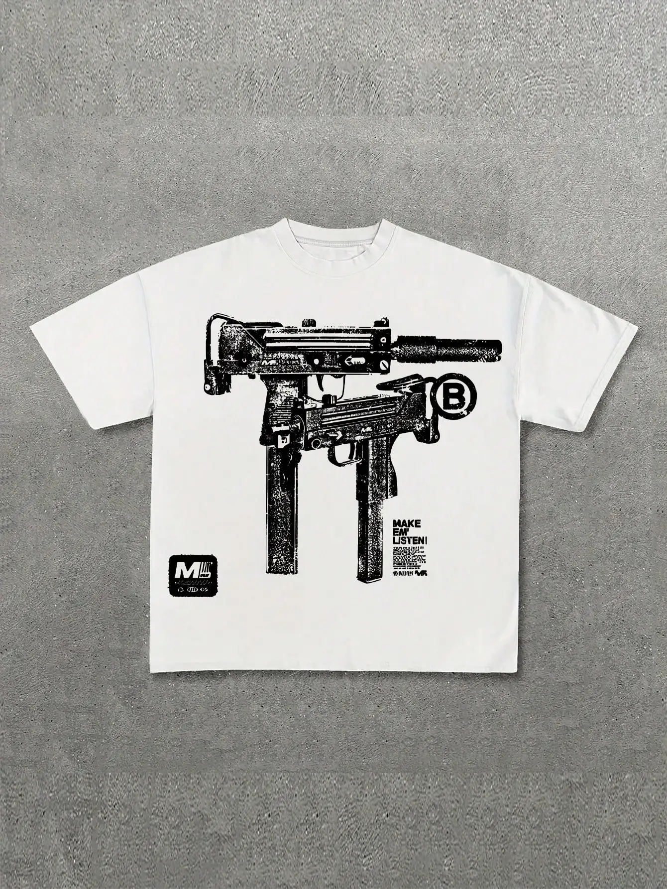 Мужская футболка с графическим принтом - дизайн с изображением оружия, свободный крой, стиль casual streetwear
Мужская футболка с графическим принтом - дизайн с изображением оружия, свободный крой, стиль casual streetwear