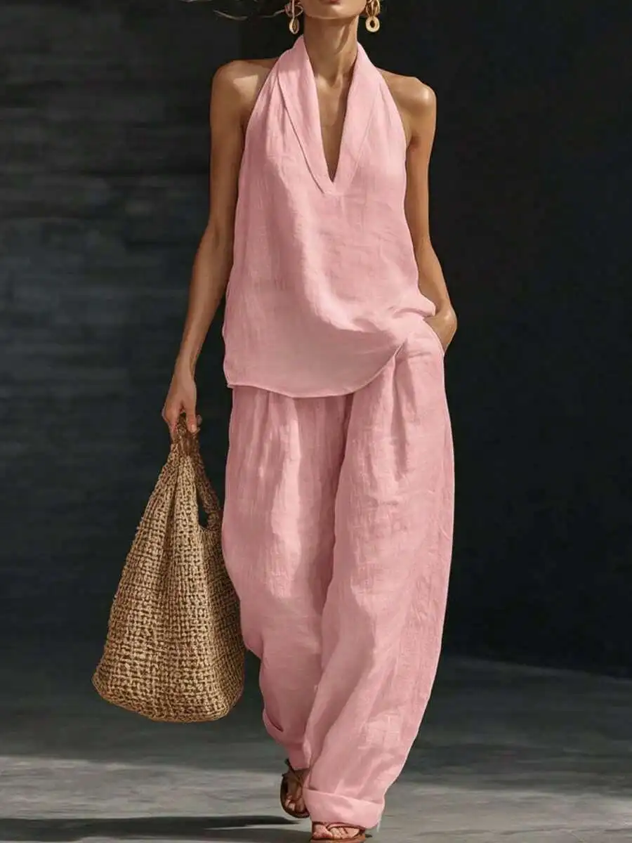 Womens Halter Neck Sleeveless Two-Piece Set Solid Color Wide Leg Pants Casual Summer Outfit
Womens Halter Neck Sleeveless Two-Piece Set Solid Color Wide Leg Pants Casual Summer Outfit