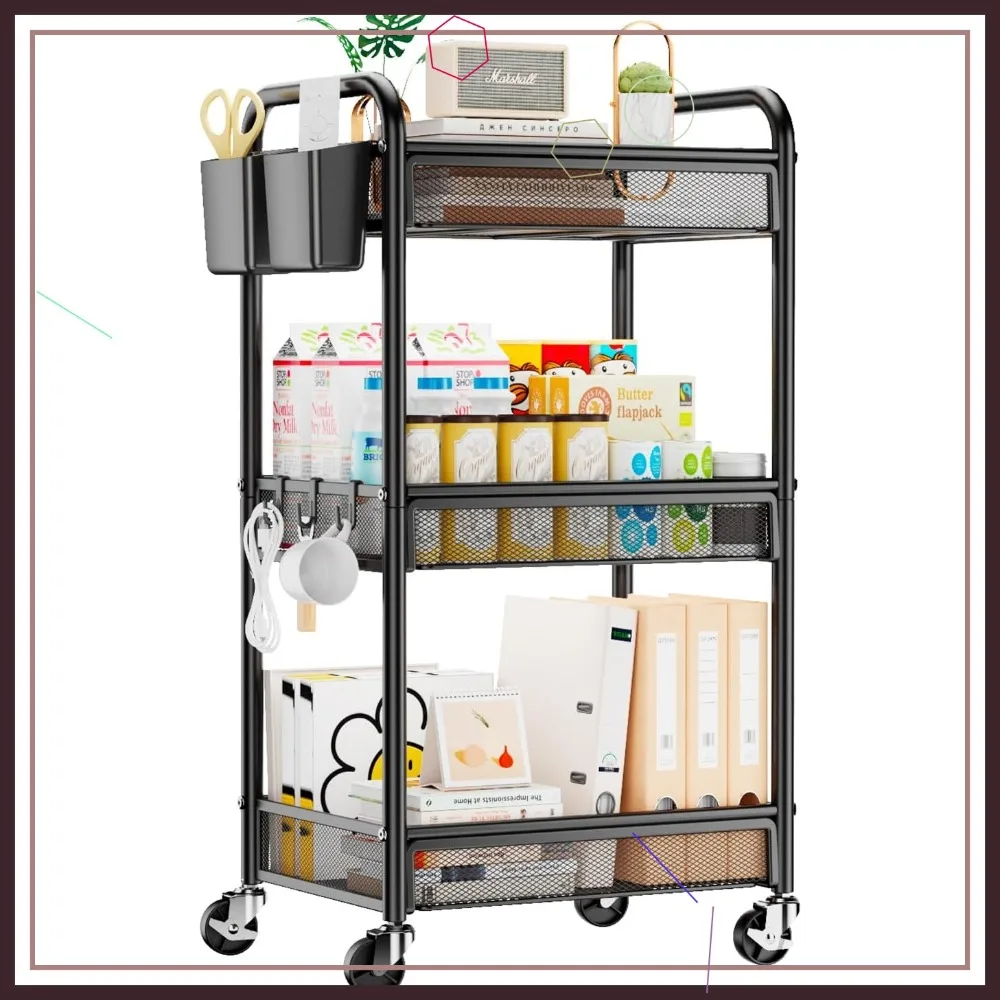 3-Tier Rolling Cart with Wheels, Hanging Cups & Mesh Basket for Kitchen Office Craft Storage
3-Tier Rolling Cart with Wheels, Hanging Cups & Mesh Basket for Kitchen Office Craft Storage