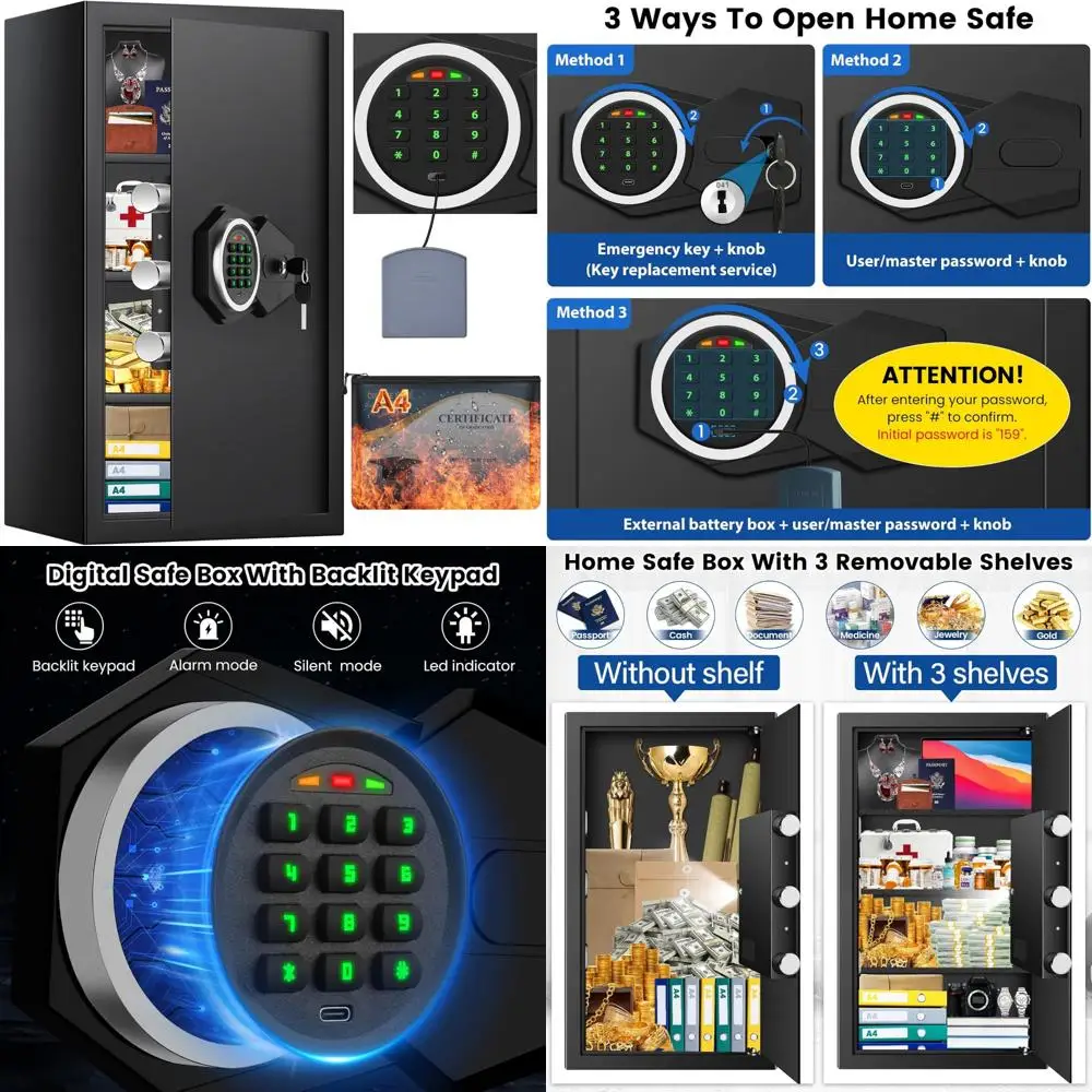 Fireproof and Waterproof Home Safe with Backlit Keypad, 5.6 Cubic Feet Security Safe, A4 Fireproof Bag Included, Anti-Theft Prot