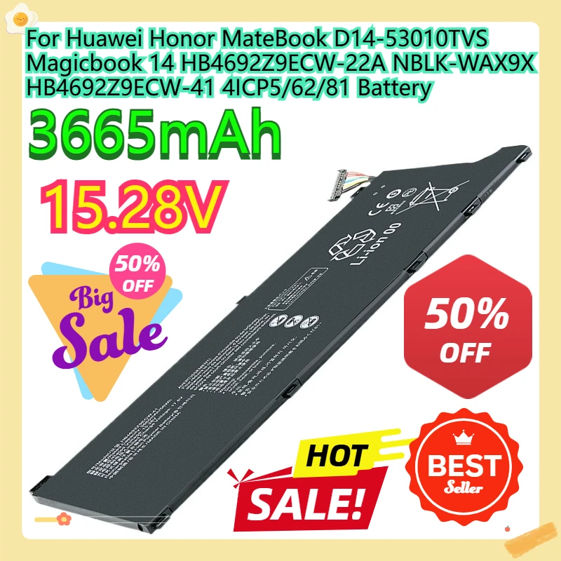 For Huawei Honor MateBook D14-53010TVS Magicbook 14 HB4692Z9ECW-22A NBLK-WAX9X HB4692Z9ECW-41 4ICP5/62/81 Battery 56WH
For Huawei Honor MateBook D14-53010TVS Magicbook 14 HB4692Z9ECW-22A NBLK-WAX9X HB4692Z9ECW-41 4ICP5/62/81 Battery 56WH