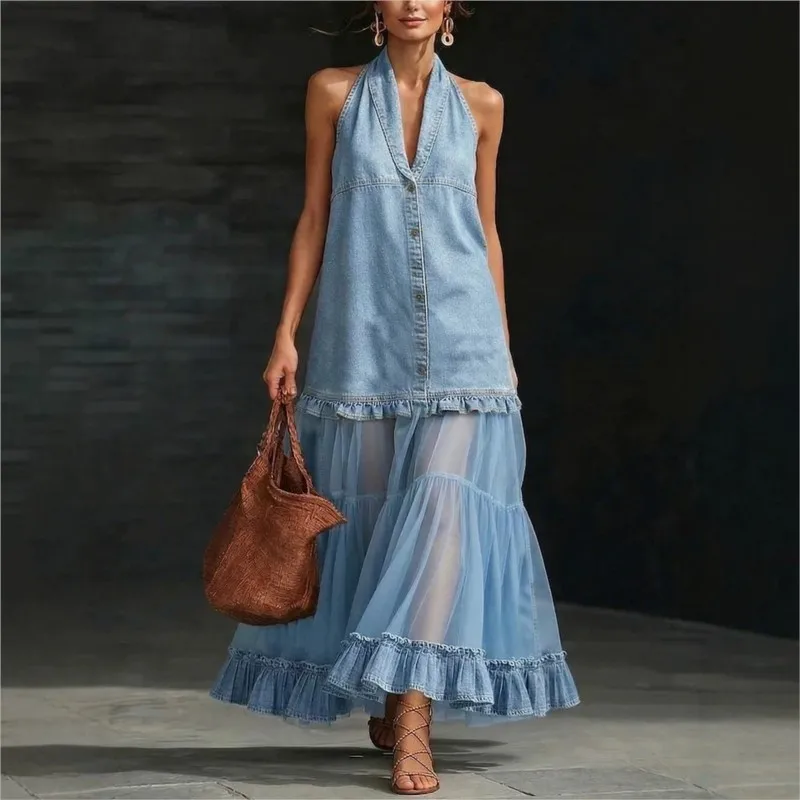 Retro Women Imitation Denim Maxi Dresses Mesh Splice Halterneck Sleeveless Single-breasted Casual Elegant Ruffles Dress Vestidos
Retro Women Imitation Denim Maxi Dresses Mesh Splice Halterneck Sleeveless Single-breasted Casual Elegant Ruffles Dress Vestidos