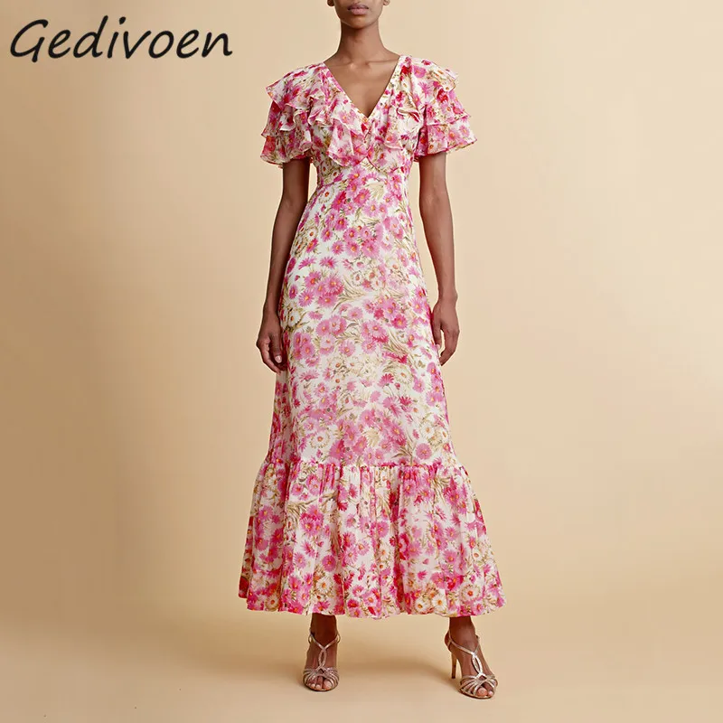 Gedivoen Summer Fashion Runway Elegant Dress Women's Butterfly Sleeve Frenulum Gathered Waist Ruffles Floral Print Long Dress
Gedivoen Summer Fashion Runway Elegant Dress Women's Butterfly Sleeve Frenulum Gathered Waist Ruffles Floral Print Long Dress