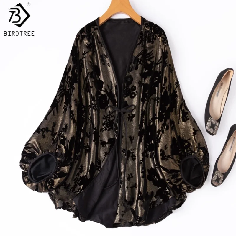 Birdtree,62.6% Mulberry Silk Velvet Golden Thread Coat,Women Double-layer Lantern Sleeve Tops,2025 Autumn Tie Cardigan T5O813JF
Birdtree,62.6% Mulberry Silk Velvet Golden Thread Coat,Women Double-layer Lantern Sleeve Tops,2025 Autumn Tie Cardigan T5O813JF