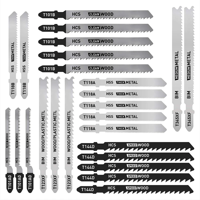 25 Pcs T Shank Jig Saw Blade Set, T-Shank Blades for Wood, Plastic and Metal Cutting
25 Pcs T Shank Jig Saw Blade Set, T-Shank Blades for Wood, Plastic and Metal Cutting