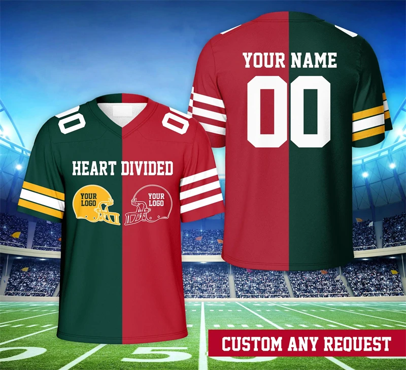 Fashion Split Two Color Football Jersey Custom Name Logo Number 3D Printed Rugby T Shirts Loose Quick Dry Sports V Neck Tees
Fashion Split Two Color Football Jersey Custom Name Logo Number 3D Printed Rugby T Shirts Loose Quick Dry Sports V Neck Tees