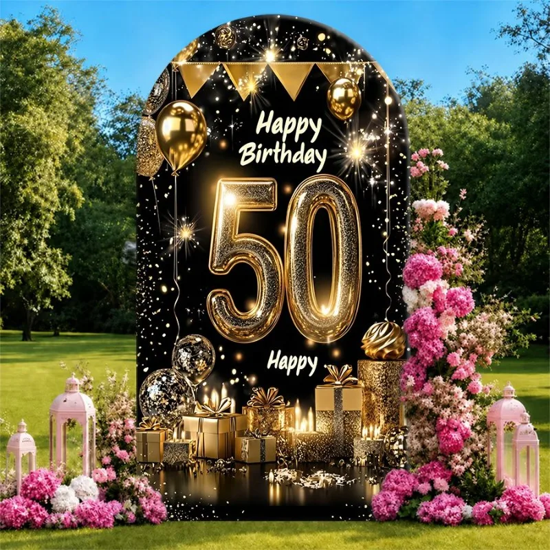 Single Side Arch Backdrop Cover Golden 50th Birthday Celebration Background Banner with Sparkling Lights Balloons and Pink
Single Side Arch Backdrop Cover Golden 50th Birthday Celebration Background Banner with Sparkling Lights Balloons and Pink