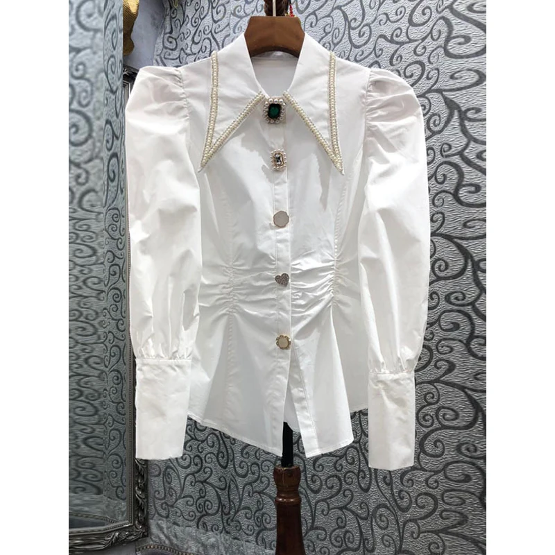Women's Beaded Button White Shirts, Turn-Down Collar, Puff Sleeve, Elegant Office Lady Outwear Coats, Summer Tops, New Design
Women's Beaded Button White Shirts, Turn-Down Collar, Puff Sleeve, Elegant Office Lady Outwear Coats, Summer Tops, New Design