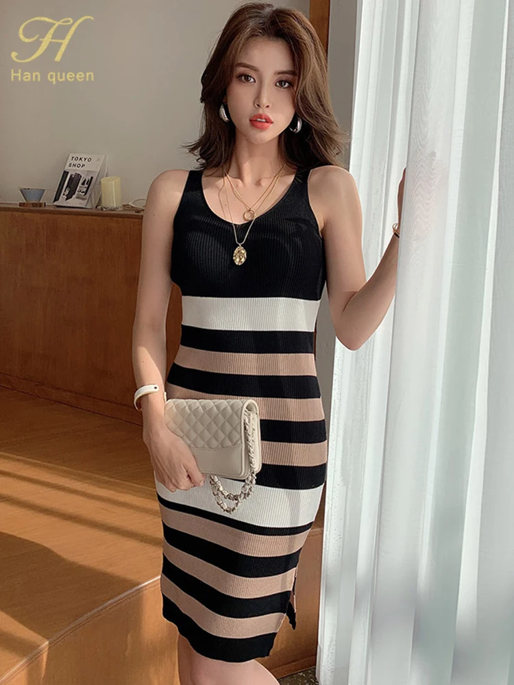 H Han Queen New Spaghetti Strap Stretch Knitted Pencil Dresses Simple V-neck Stripe Work Party Summer Dress Bodycon Dress Women
H Han Queen New Spaghetti Strap Stretch Knitted Pencil Dresses Simple V-neck Stripe Work Party Summer Dress Bodycon Dress Women