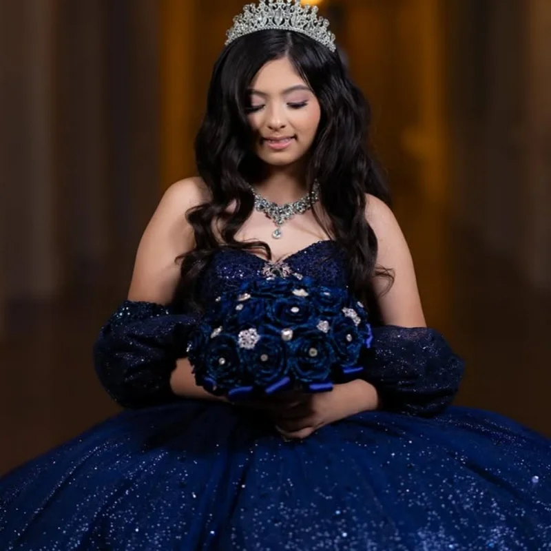 dark blue Quinceanera Dresses off-shoulder Glitter Crystal Decal Beads Long tail Bow Vestido De 15 Quinceanera Customize
dark blue Quinceanera Dresses off-shoulder Glitter Crystal Decal Beads Long tail Bow Vestido De 15 Quinceanera Customize