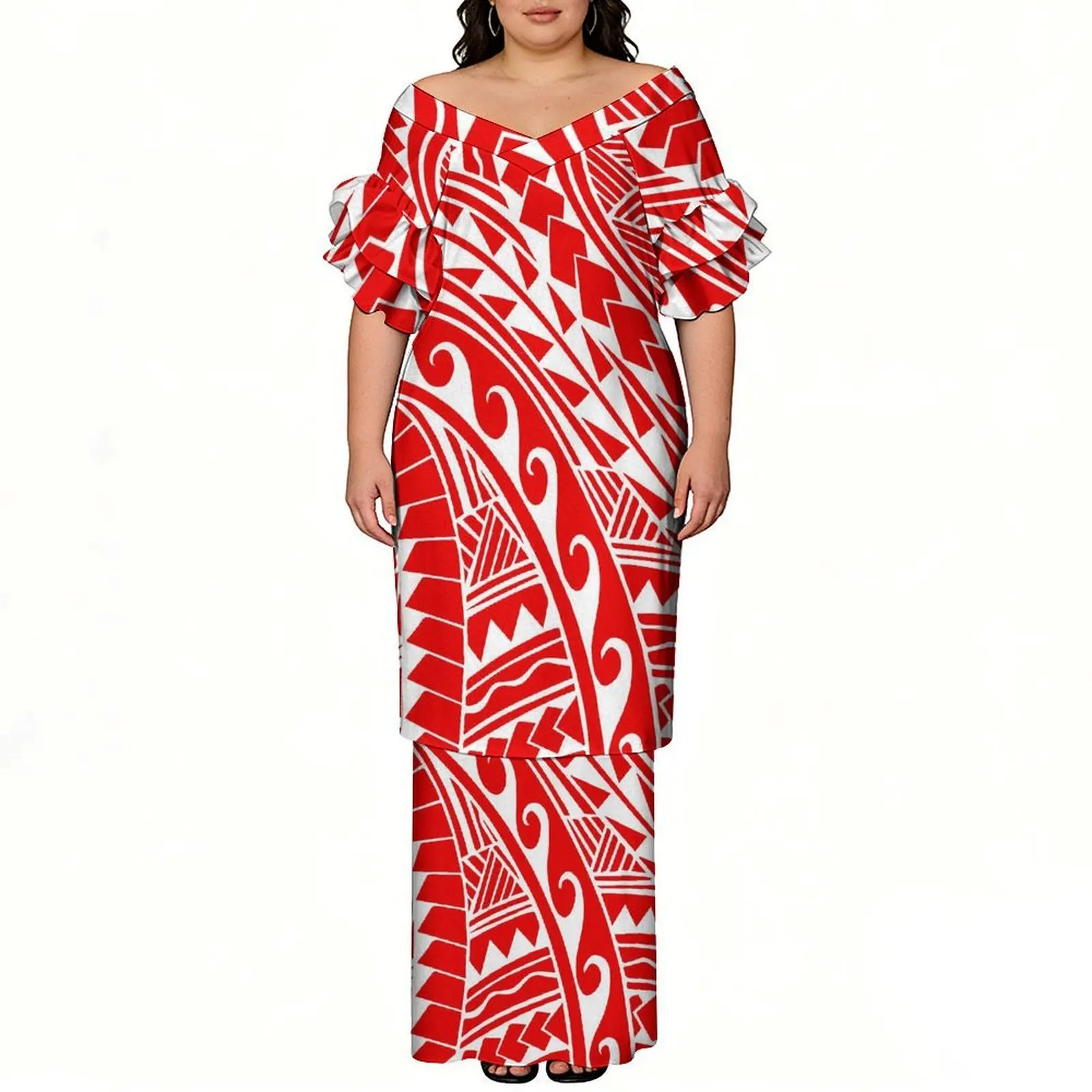 Summer Customizable Floral Print Tribal Design V-Neck Petal Sleeve Set Skirt In Polynesian Style Puletasi Party Festival Dress
Summer Customizable Floral Print Tribal Design V-Neck Petal Sleeve Set Skirt In Polynesian Style Puletasi Party Festival Dress