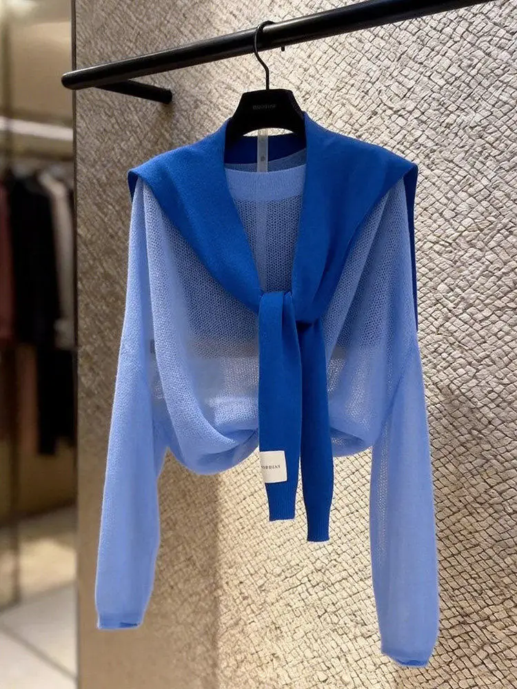 Blue Thin Long Sleeve Knitted Cover up Women's Early Spring Unique Beautiful Air Conditioner Shirt Shoulder Padded Loose Fit
Blue Thin Long Sleeve Knitted Cover up Women's Early Spring Unique Beautiful Air Conditioner Shirt Shoulder Padded Loose Fit