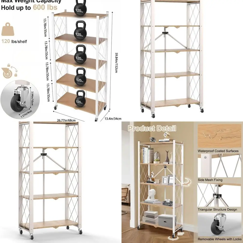 Collapsible 5-Tier Metal Shelves with Wheels - Heavy-Duty Storage Rack for Home, Garage, Kitchen, Pantry in Light Brown
Collapsible 5-Tier Metal Shelves with Wheels - Heavy-Duty Storage Rack for Home, Garage, Kitchen, Pantry in Light Brown