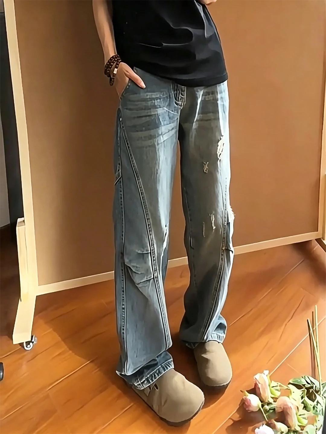 Retro Blue Denim Jeans Men's American High Street Vibe Torn Micro Flared Pants Washed Folded Log Pants Standard Fit Summer
Retro Blue Denim Jeans Men's American High Street Vibe Torn Micro Flared Pants Washed Folded Log Pants Standard Fit Summer