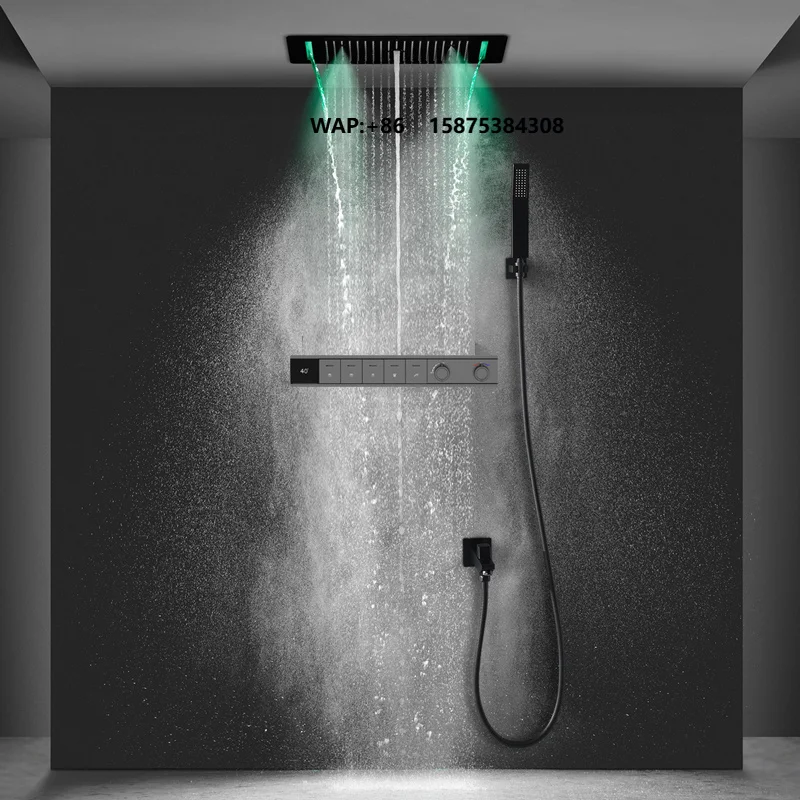 HM Modern Bathroom Accessories Ceiling Mounted 380*700MM Black Rain Shower Thermostatic Mixer LED Shower Set
HM Modern Bathroom Accessories Ceiling Mounted 380*700MM Black Rain Shower Thermostatic Mixer LED Shower Set