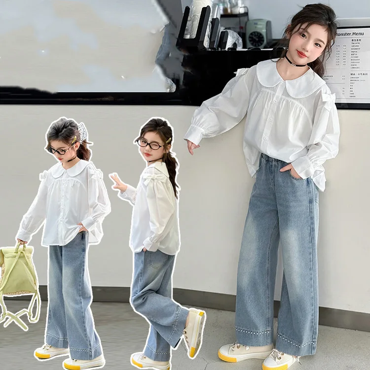 Kids Girl 2pcs Set Autumn Korean Children Girls Peter Pan Collar T-shirt Teenager Girls Elastic Waist Denim Pant 4-14Y Girl Suit
Kids Girl 2pcs Set Autumn Korean Children Girls Peter Pan Collar T-shirt Teenager Girls Elastic Waist Denim Pant 4-14Y Girl Suit