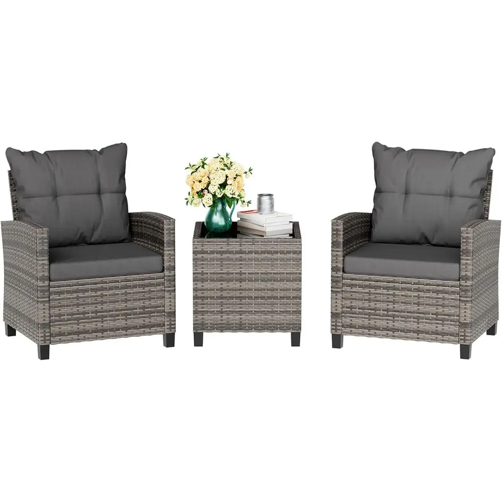 Compact Outdoor Wicker Bistro Set with Cushioned Chairs and Glass Table for Patio, Garden, Balcony, Poolside (Gray)
Compact Outdoor Wicker Bistro Set with Cushioned Chairs and Glass Table for Patio, Garden, Balcony, Poolside (Gray)