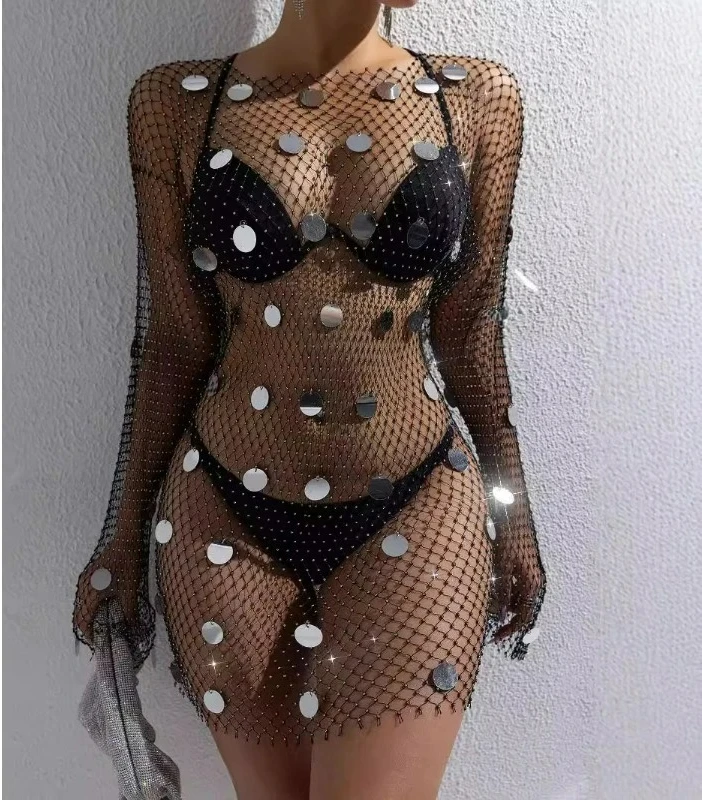 Sexy Dress Fishnet Rhinestones Sequins Hip-Covering Long-Sleeved Dress For Women See-Through Fishnet Hollow Sexy Dress
Sexy Dress Fishnet Rhinestones Sequins Hip-Covering Long-Sleeved Dress For Women See-Through Fishnet Hollow Sexy Dress