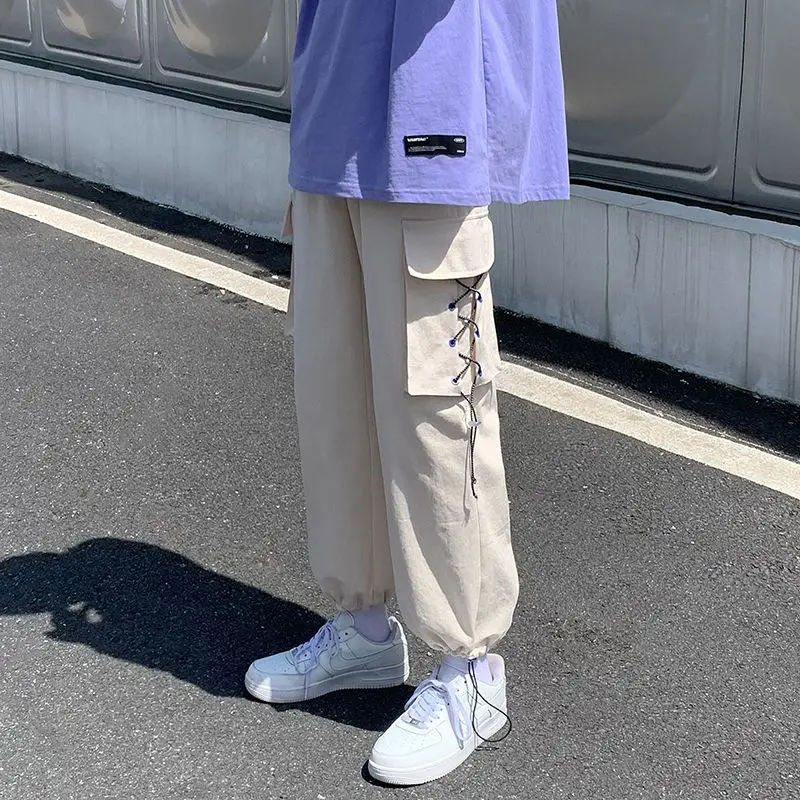 Винтажные весенне-осенние однотонные эластичные брюки с карманами и высокой талией, шаровары-карго, бандажные мужские брюки на шнурке 
Винтажные весенне-осенние однотонные эластичные брюки с карманами и высокой талией, шаровары-карго, бандажные мужские брюки на шнурке