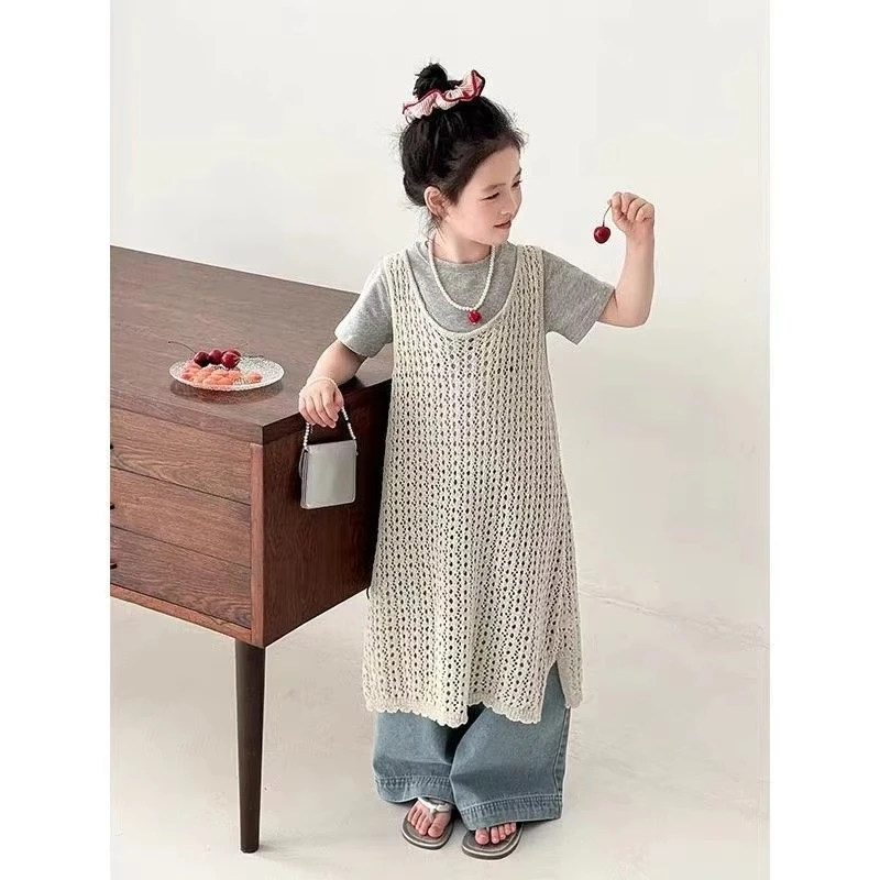 Girls' Dresses, Stacked Jeans, Spring Clothes, Korean Style Children's Fashion, Fashionable Hollow Knitted Vest Dress Set
Girls' Dresses, Stacked Jeans, Spring Clothes, Korean Style Children's Fashion, Fashionable Hollow Knitted Vest Dress Set