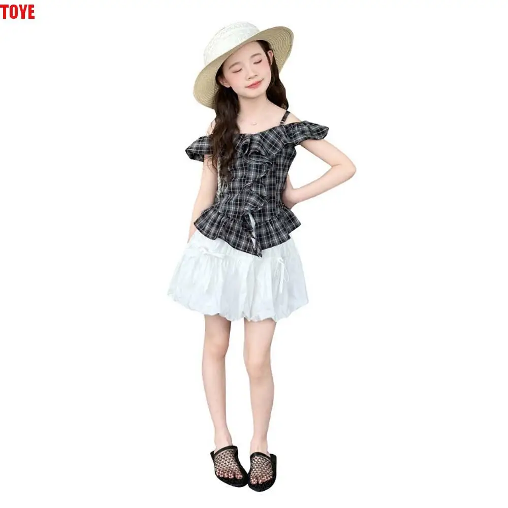 Grid Pleated Kids Ruffles Short Dress Camisole Top One Shoulder Neck Girls Puff Sleeve Skirt Short Suspenders
Grid Pleated Kids Ruffles Short Dress Camisole Top One Shoulder Neck Girls Puff Sleeve Skirt Short Suspenders