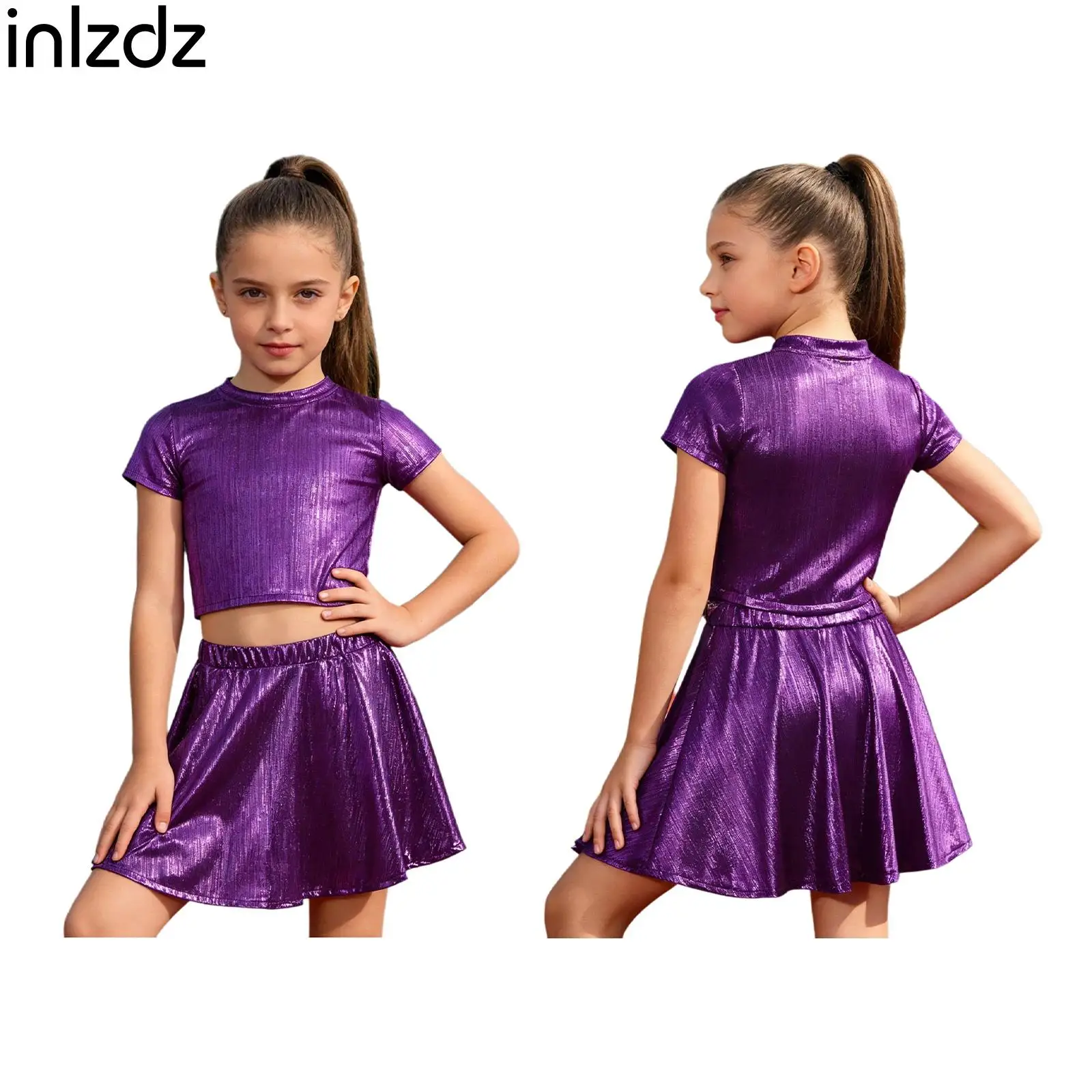 Kids Hip Hop Jazz Dance Costume Girls Metallic Short Sleeve Ribbed Top with Skirt for Cheerleading Street Dance Performance
Kids Hip Hop Jazz Dance Costume Girls Metallic Short Sleeve Ribbed Top with Skirt for Cheerleading Street Dance Performance
