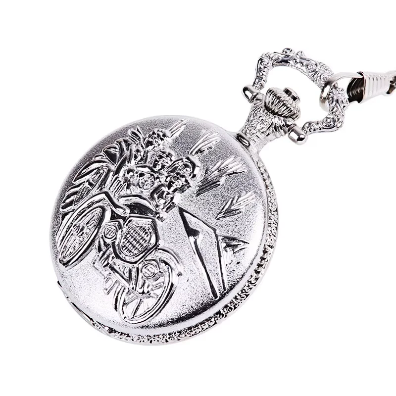 Classical hot sale silver large thick chain three small people driving retro pocket watch with waist chain
Classical hot sale silver large thick chain three small people driving retro pocket watch with waist chain