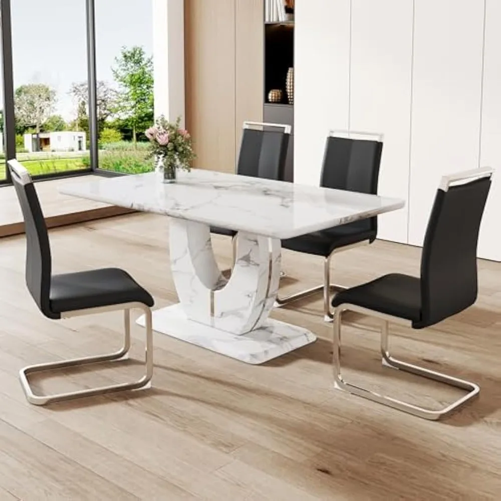 Rectangula Kitchen Table Set with Faux Marble Tabletop&4 Pu Leather Upholstered Chairs Ideal for Dining Room, Kitchen Room
Rectangula Kitchen Table Set with Faux Marble Tabletop&4 Pu Leather Upholstered Chairs Ideal for Dining Room, Kitchen Room