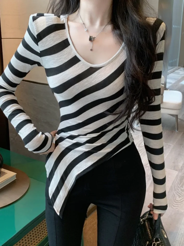 Slim Fit Striped Base Shirt Women's Outerwear Long Sleeve Early Autumn Trendy Slimming Top Korean Style round Neck T-Shirt
Slim Fit Striped Base Shirt Women's Outerwear Long Sleeve Early Autumn Trendy Slimming Top Korean Style round Neck T-Shirt