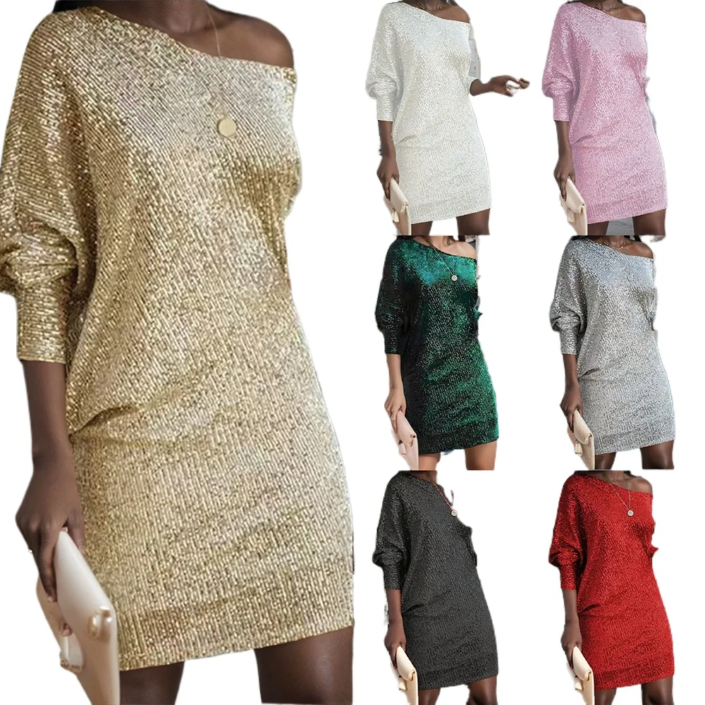 New Women's Fashion Solid Color Slant Shoulder Long Sleeve Short Skirt Sequin Dress Dress Women Dress Summer
New Women's Fashion Solid Color Slant Shoulder Long Sleeve Short Skirt Sequin Dress Dress Women Dress Summer