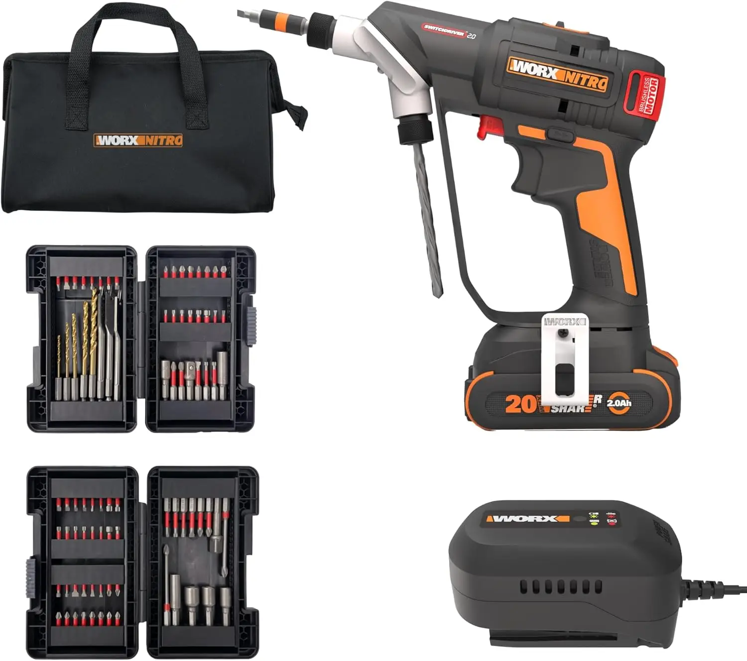 20V SwitchDriver 2.0 with 85 pc Accessory Kit, 2-in-1 Brushless Cordless Drill Driver, Drill Set Rotatable Dual 1/4" Chucks, WX1
20V SwitchDriver 2.0 with 85 pc Accessory Kit, 2-in-1 Brushless Cordless Drill Driver, Drill Set Rotatable Dual 1/4" Chucks, WX1