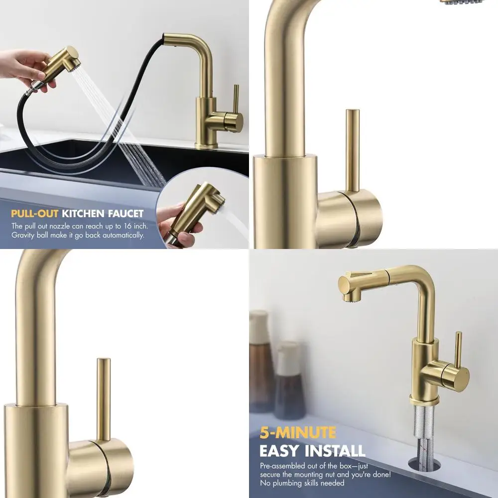 Single Handle Pull-Out Spray Kitchen Sink Faucet with Hot/Cold Water, Brushed Gold Finish
Single Handle Pull-Out Spray Kitchen Sink Faucet with Hot/Cold Water, Brushed Gold Finish