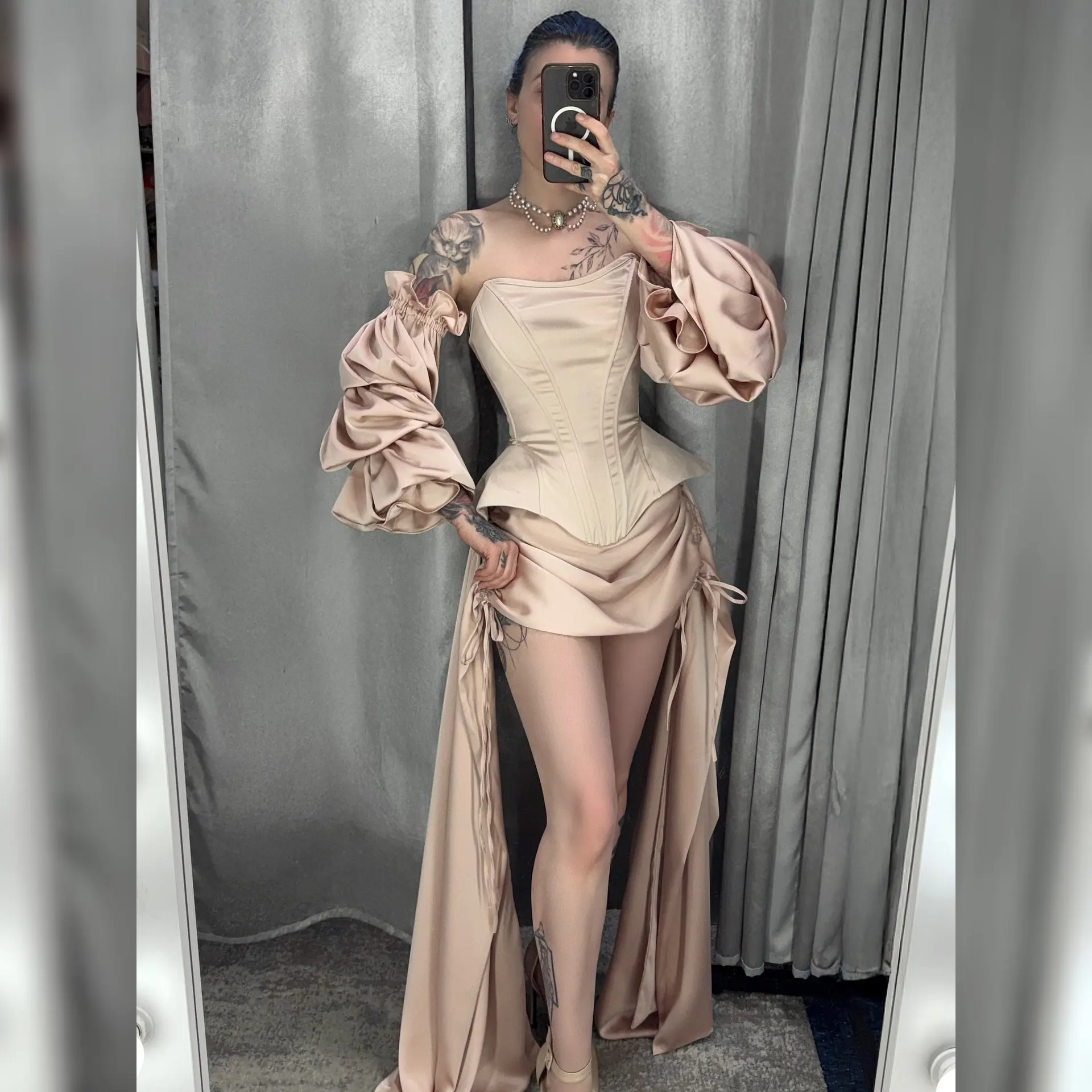 2026 Nude Pink Satin Corset Dress with Puffy Sleeves and Asymmetrical High Slit Vintage Party Summer Dress, Bodycon Evening Gown
2026 Nude Pink Satin Corset Dress with Puffy Sleeves and Asymmetrical High Slit Vintage Party Summer Dress, Bodycon Evening Gown
